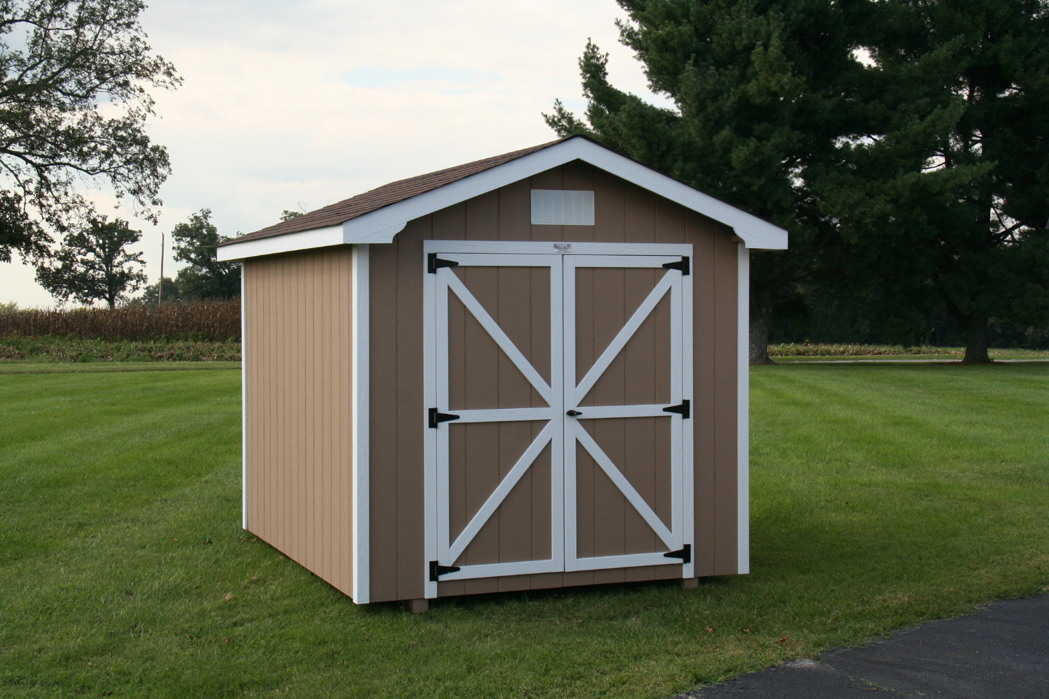 12x14 a frame beige with white trim and double doors