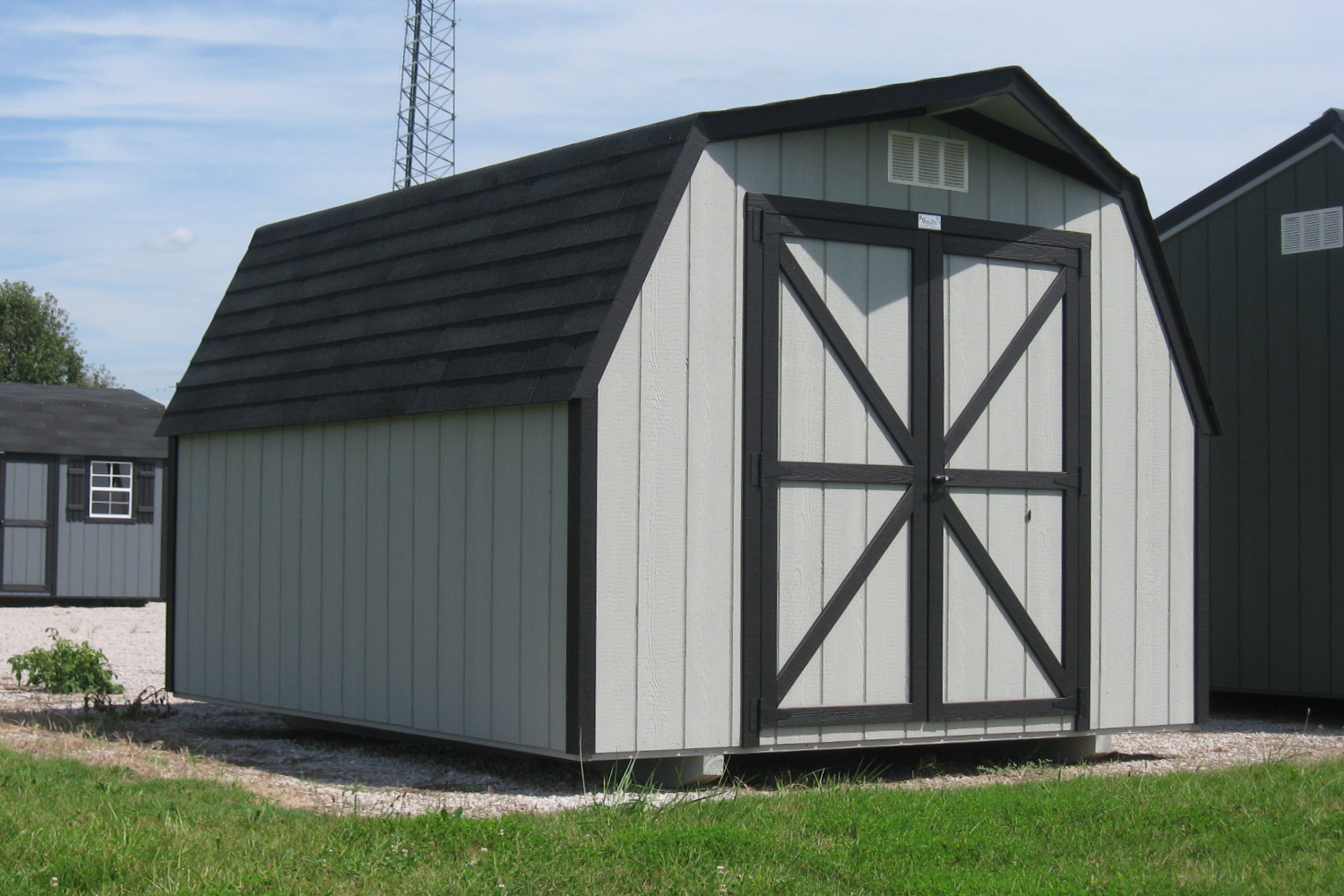 12x14 gray shed with black trim and roof with double doors