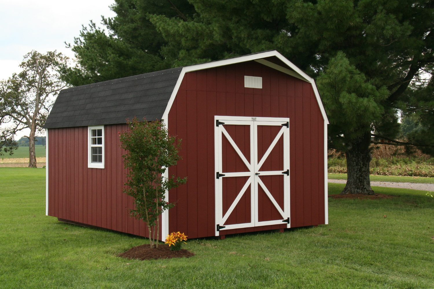 red 12x14 deluxe barn shed with white trim and double doors