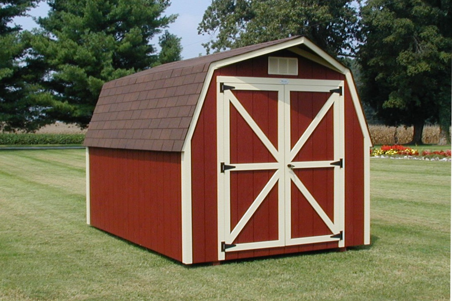 12x28 red barn shed with white trim with double doors