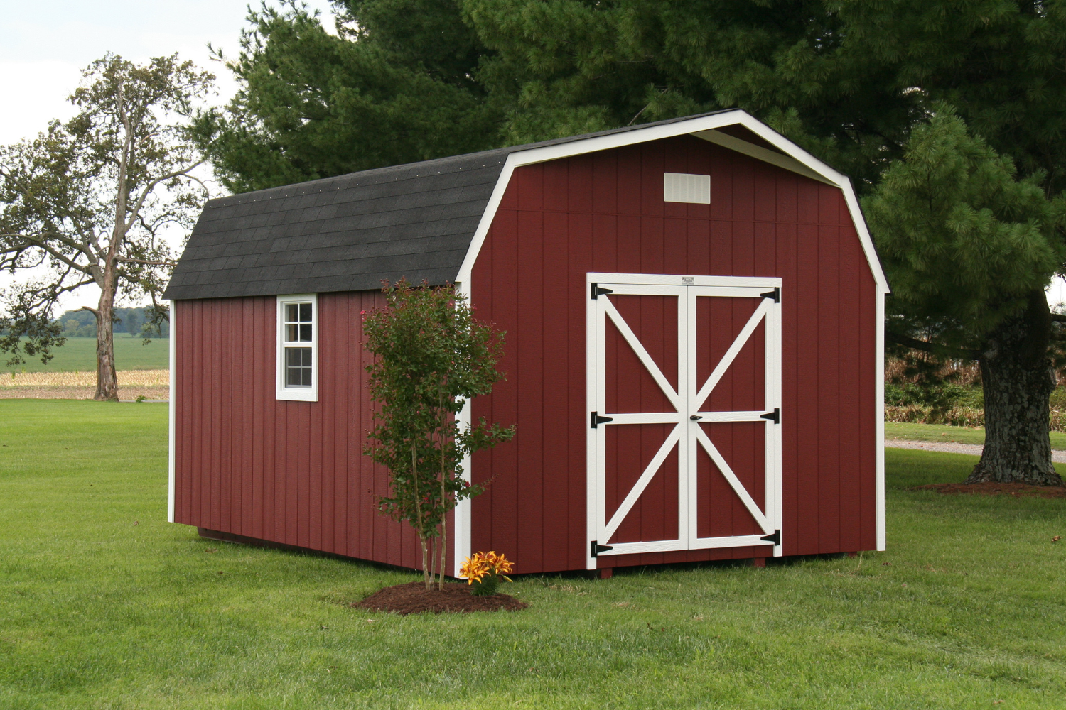 12x28 red deluxe barn shed with double door and window