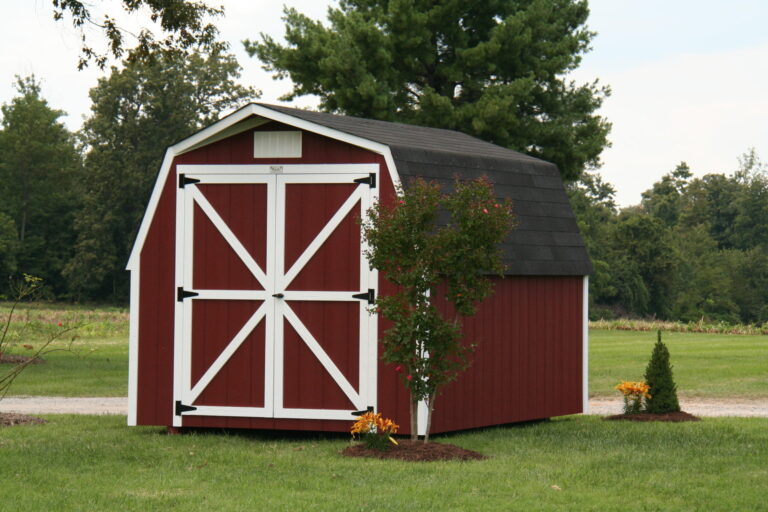 red and white trimmed 10x12 shed